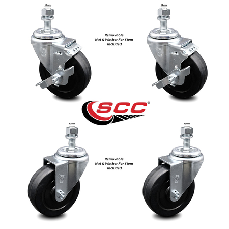 SERVICE CASTER 4 Inch Soft Rubber Wheel Swivel 12mm Threaded Stem Caster Brakes SCC, 2PK SCC-TS20S414-SRS-M1215-2-TLB-2